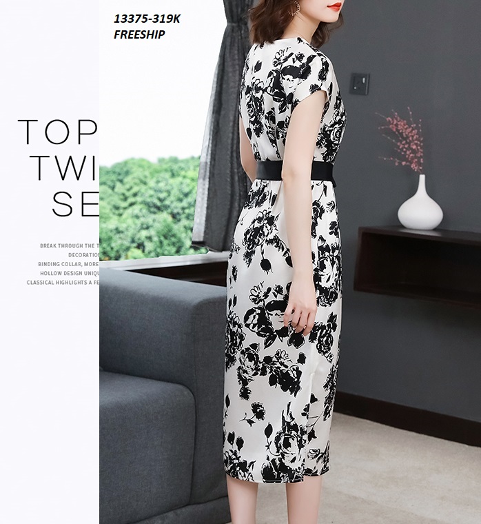 13375-Đầm suông cổ tim  eo thắt nơ in họa tiết hoa ( lụa in, có lót )_thumbnail_1