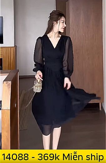 14088-Đầm voan tay dài cổ  V  eo nhún kết nút (voan, lót thun)FREESHIP_thumbnail_0