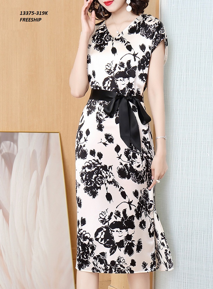 13375-Đầm suông cổ tim  eo thắt nơ in họa tiết hoa ( lụa in, có lót )_thumbnail_2