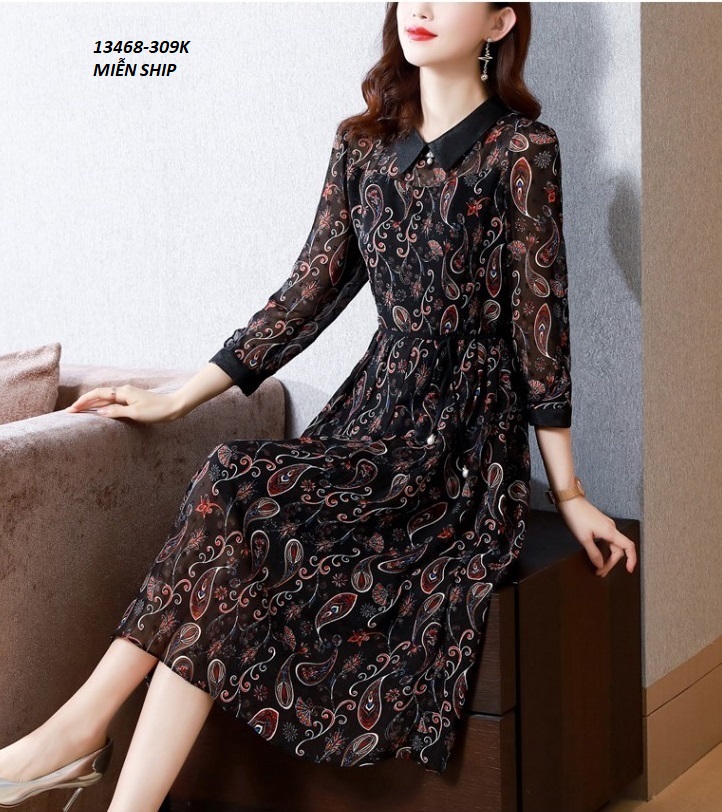 13468-Đầm xòe tay dài cổ bẻ in họa tiết hoa (voan in có lót)_thumbnail_3