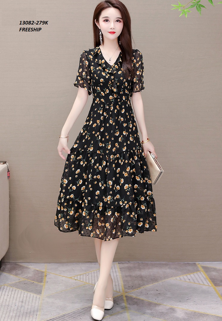 13082-Đầm voan xòe tay ngắn cổ bèo phối họa tiết hoa cúc nhí  ( hoa màu vàng ) _thumbnail_3