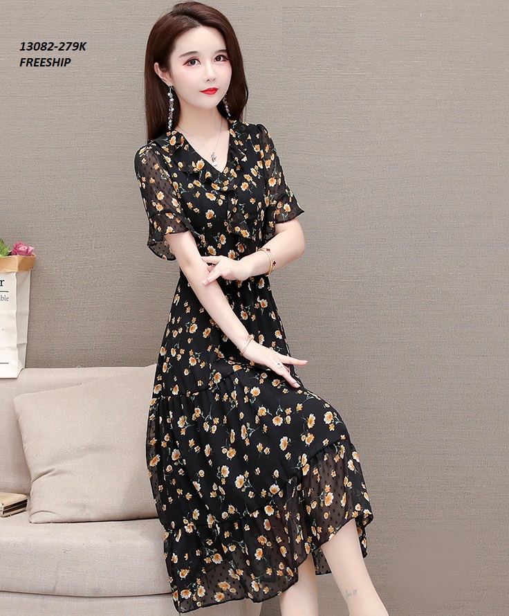 13082-Đầm voan xòe tay ngắn cổ bèo phối họa tiết hoa cúc nhí  ( hoa màu vàng ) _thumbnail_1