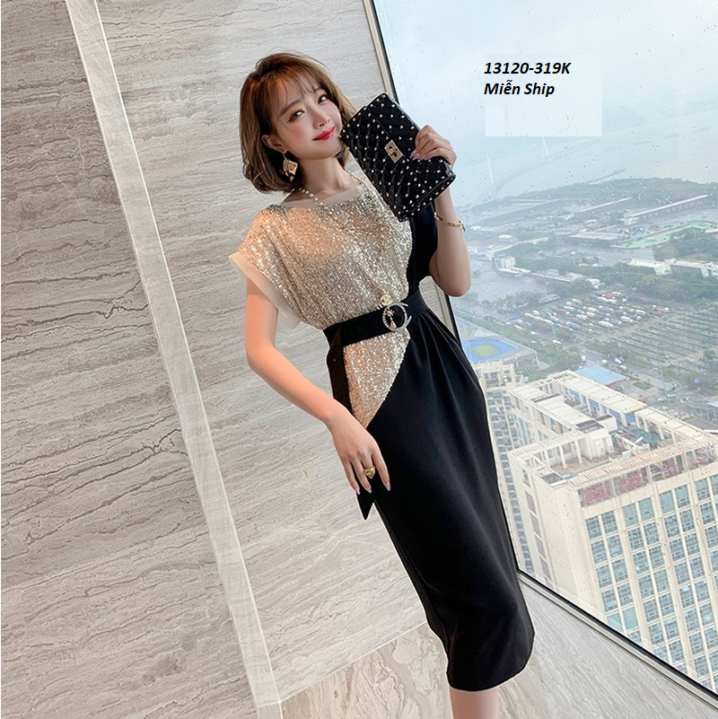 13120-Đầm suông  cánh dơi thân phối vải kim Sa  kèm nịt (FREESHIP)  _thumbnail_0