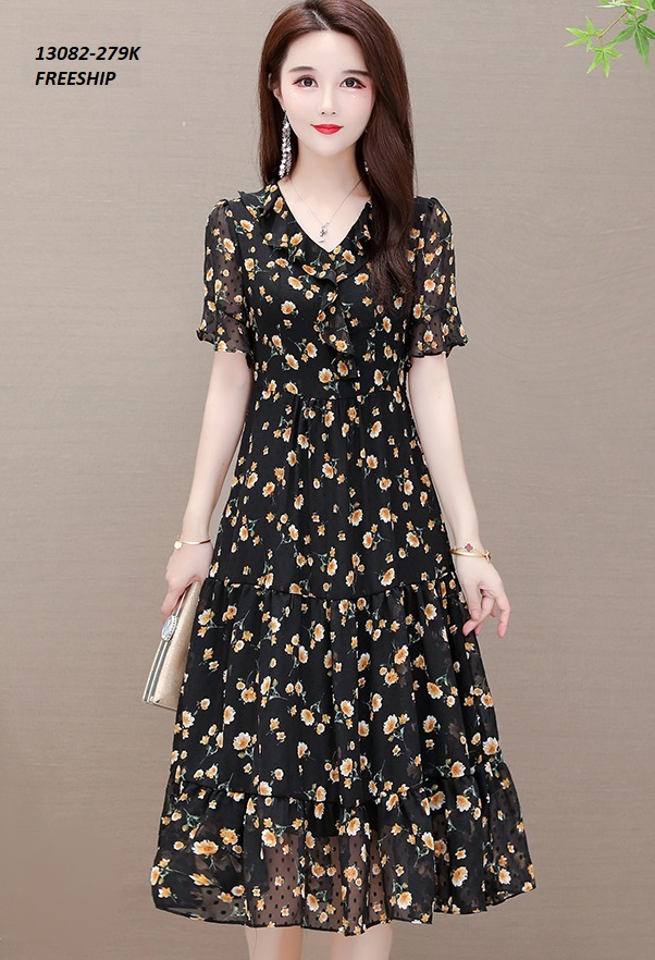 13082-Đầm voan xòe tay ngắn cổ bèo phối họa tiết hoa cúc nhí  ( hoa màu vàng ) _thumbnail_2