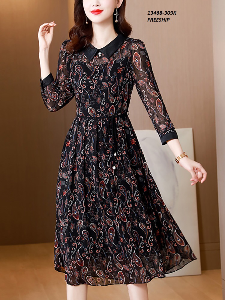 13468-Đầm xòe tay dài cổ bẻ in họa tiết hoa (voan in có lót)_thumbnail_1
