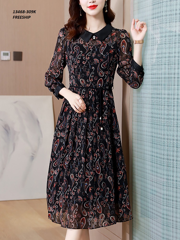 13468-Đầm xòe tay dài cổ bẻ in họa tiết hoa (voan in có lót)_thumbnail_0