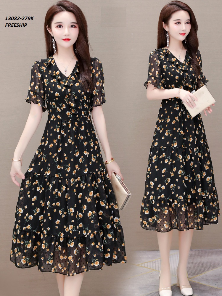 13082-Đầm voan xòe tay ngắn cổ bèo phối họa tiết hoa cúc nhí  ( hoa màu vàng ) _thumbnail_0