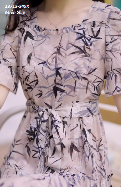 13713-Đầm xòe tay loe, eo thắt nơ họa tiết lá tre ( voan in bông,thun lót)FREESHIP_thumbnail_4