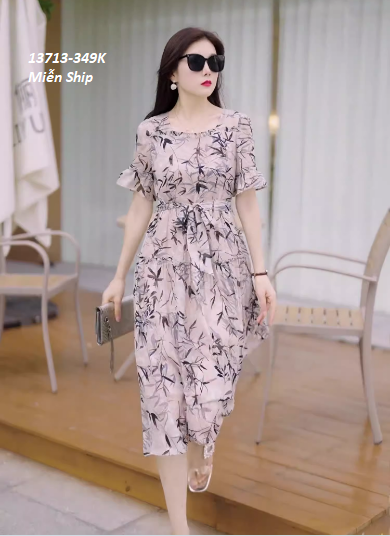 13713-Đầm xòe tay loe, eo thắt nơ họa tiết lá tre ( voan in bông,thun lót)FREESHIP_thumbnail_2