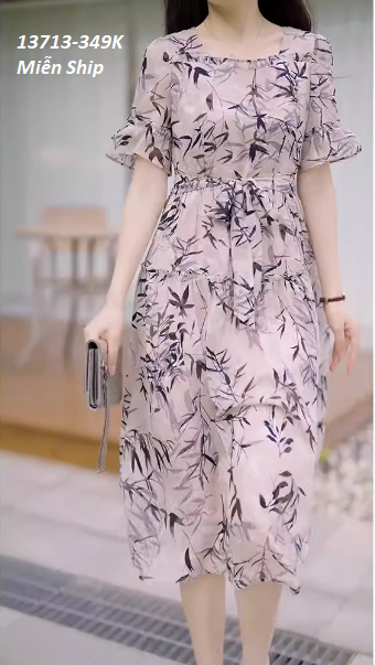 13713-Đầm xòe tay loe, eo thắt nơ họa tiết lá tre ( voan in bông,thun lót)FREESHIP_thumbnail_1