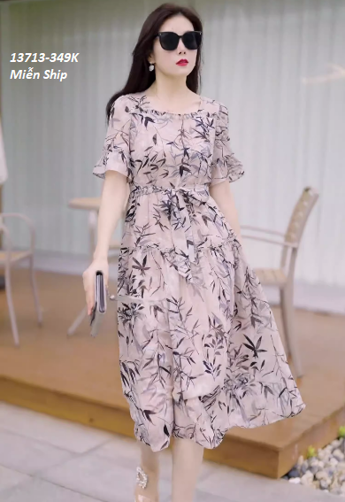 13713-Đầm xòe tay loe, eo thắt nơ họa tiết lá tre ( voan in bông,thun lót)FREESHIP_thumbnail_3