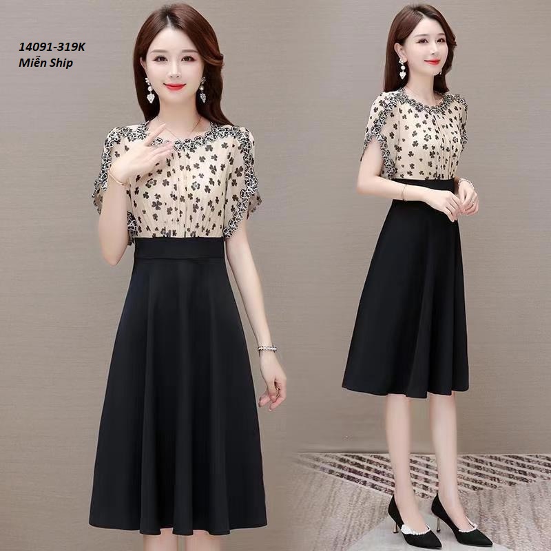 14091-Đầm xòe tay xẻ viền ren in hoa 2 màu ( lụa in, thun atiwai)FREESHIP_thumbnail_3