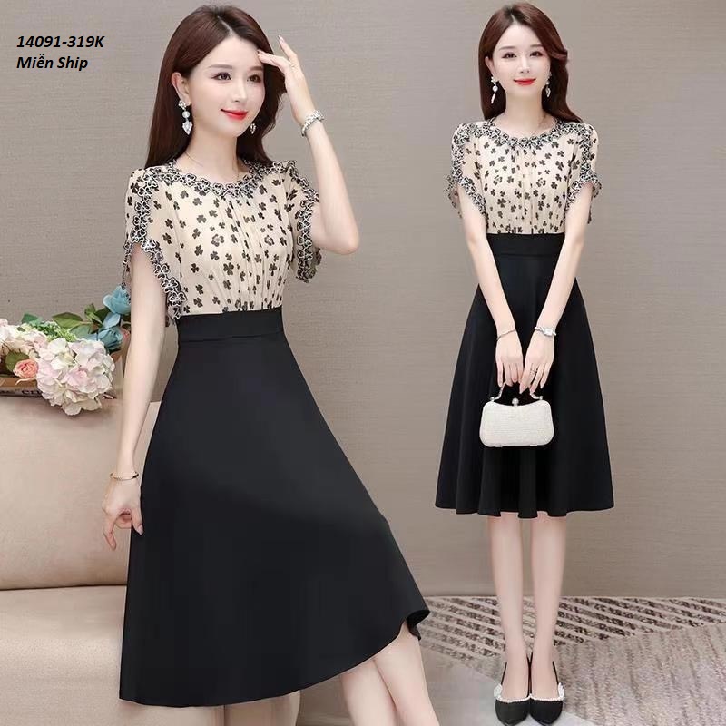 14091-Đầm xòe tay xẻ viền ren in hoa 2 màu ( lụa in, thun atiwai)FREESHIP_thumbnail_2