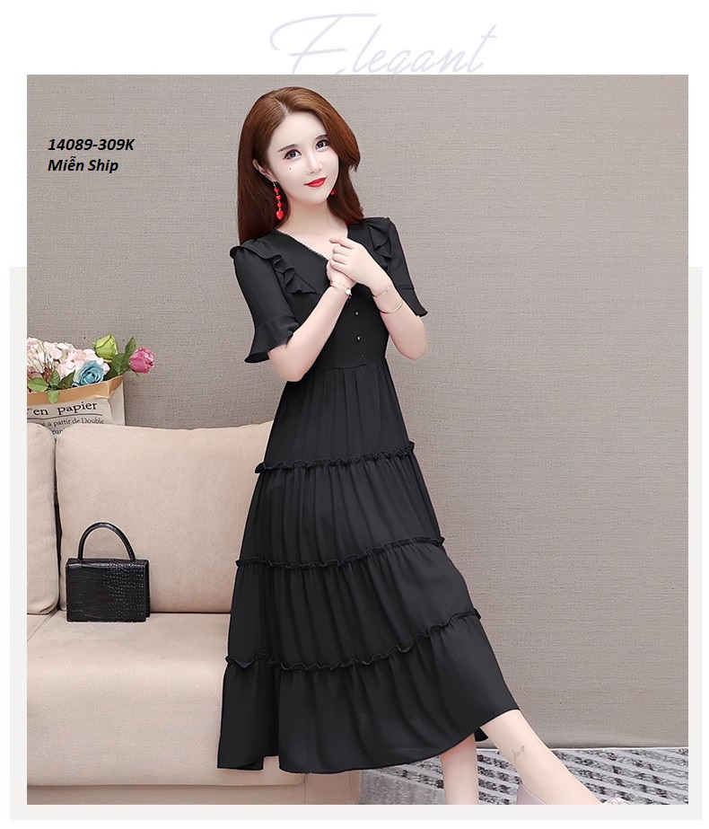 14089-Đầm voan cổ tim kết nút nhún viền tầng( voan, lót thun)FREESHIP_thumbnail_5