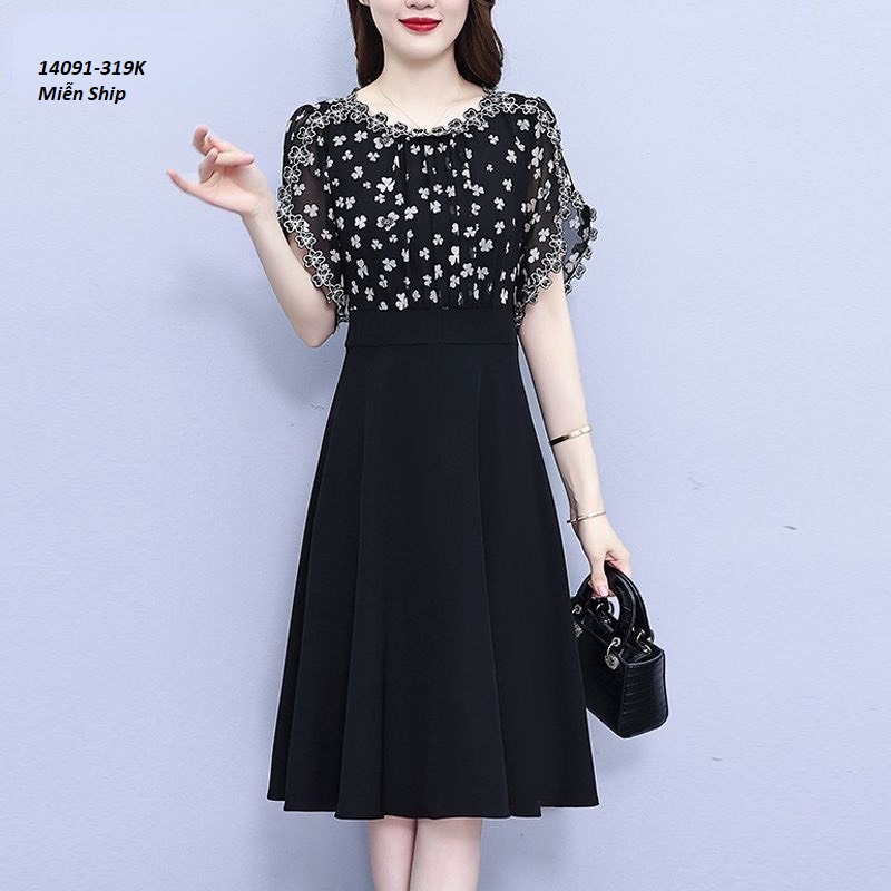 14091-Đầm xòe tay xẻ viền ren in hoa 2 màu ( lụa in, thun atiwai)FREESHIP_thumbnail_5