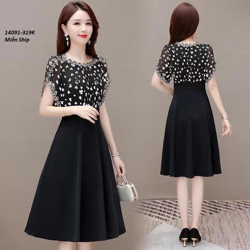 14091-Đầm xòe tay xẻ viền ren in hoa 2 màu ( lụa in, thun atiwai)FREESHIP_thumbnail_1