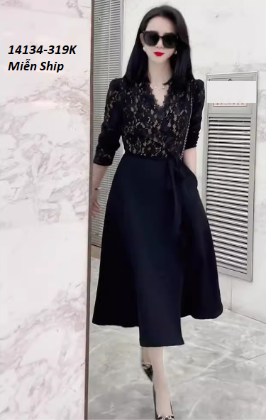 14134-Đầm xòe phối ren cổ chéo eo thắt nơ (ren, lụa)FREESHIP_thumbnail_0