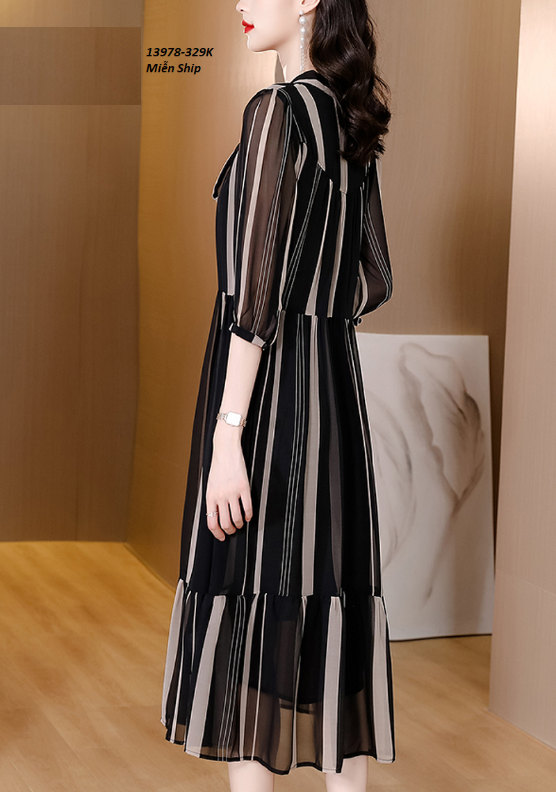 13978-Đầm voan tay lở cổ thắt nơ họa tiết kẻ sọc  (voan in+lót)FREESHIP_thumbnail_1