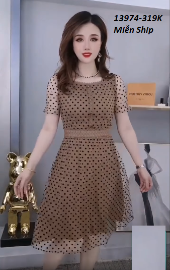13974-Đầm xòe  tay ngắn chấm bi phối viền ren  (voan lưới, lót thun)FREESHIP_thumbnail_1