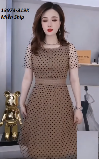 13974-Đầm xòe  tay ngắn chấm bi phối viền ren  (voan lưới, lót thun)FREESHIP_thumbnail_3