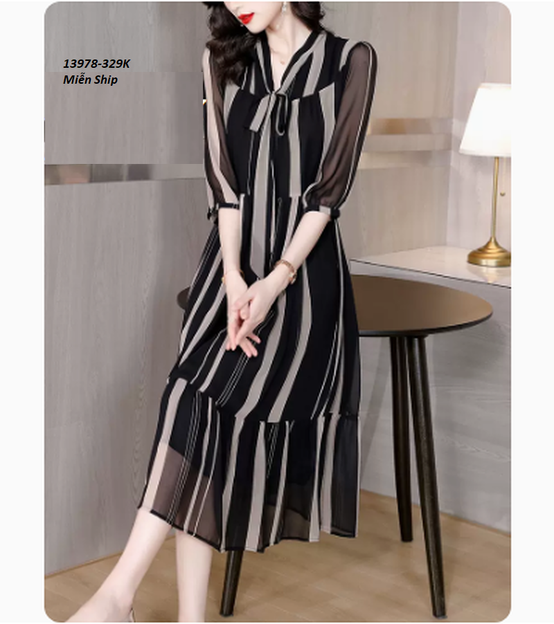 13978-Đầm voan tay lở cổ thắt nơ họa tiết kẻ sọc  (voan in+lót)FREESHIP_thumbnail_3
