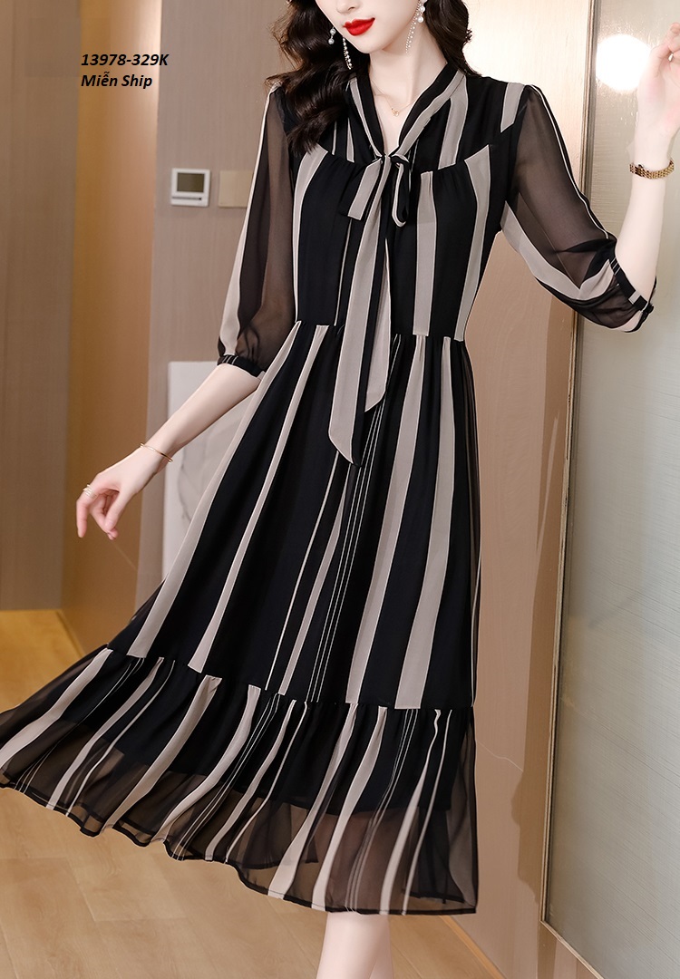 13978-Đầm voan tay lở cổ thắt nơ họa tiết kẻ sọc  (voan in+lót)FREESHIP_thumbnail_0