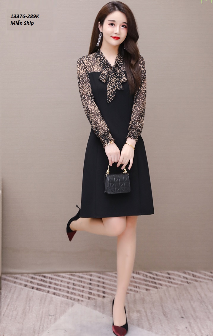 13376-Đầm suông tay dài cổ thắt nơ in họa tiết hoa nhí ( kéo hông, thun cát, voan )_thumbnail_3