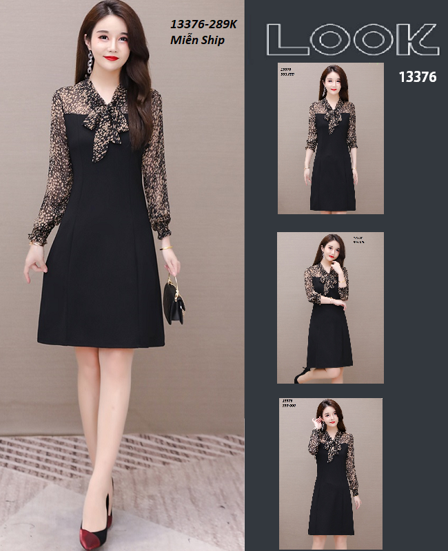 13376-Đầm suông tay dài cổ thắt nơ in họa tiết hoa nhí ( kéo hông, thun cát, voan )_thumbnail_1