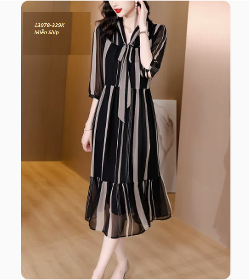 13978-Đầm voan tay lở cổ thắt nơ họa tiết kẻ sọc  (voan in+lót)FREESHIP_thumbnail_2