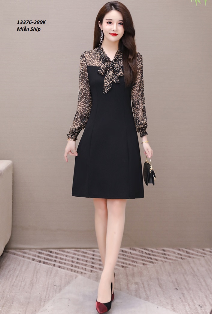 13376-Đầm suông tay dài cổ thắt nơ in họa tiết hoa nhí ( kéo hông, thun cát, voan )_thumbnail_2