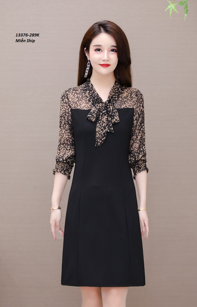13376-Đầm suông tay dài cổ thắt nơ in họa tiết hoa nhí ( kéo hông, thun cát, voan )_thumbnail_0