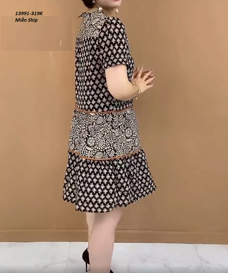 13991-Đầm suông A  cổ sen thắt nơ in họa tiết cổ điển (lụa 100D in)_thumbnail_5