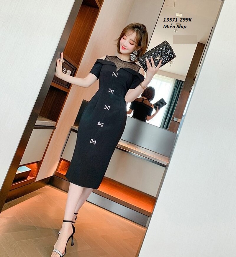 13571-Đầm body khoét vai đính nơ phụ kiện ( thun, khóa sau)Freeship_thumbnail_0