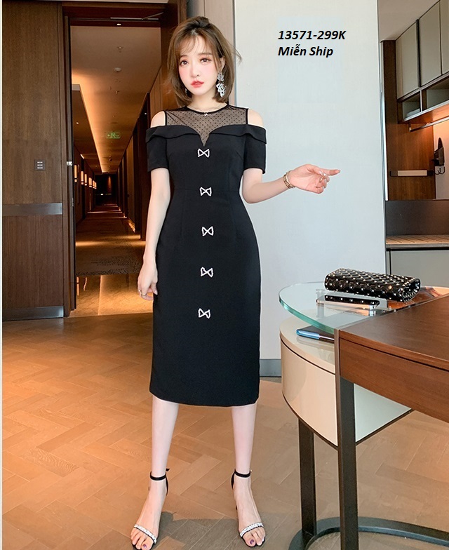 13571-Đầm body khoét vai đính nơ phụ kiện ( thun, khóa sau)Freeship_thumbnail_2