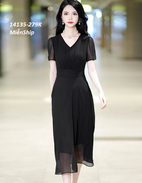 14135-Đầm xòe tay ngắn cổ  V eo gấp ly cách điệu (voan, lót thun)FREESHIP_thumbnail_2