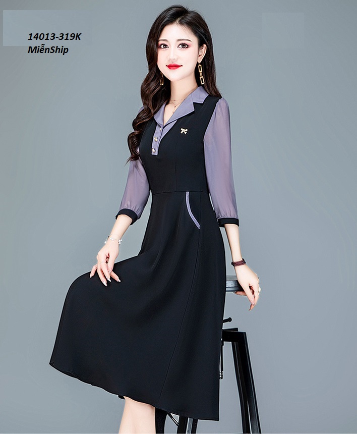 14013-Đầm xòe cổ bẻ kết nút phối tay voan lửng (thun mịn, voan )FREESHIP_thumbnail_3