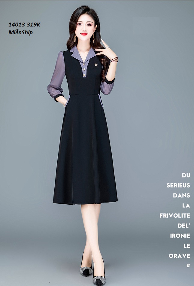 14013-Đầm xòe cổ bẻ kết nút phối tay voan lửng (thun mịn, voan )FREESHIP_thumbnail_1