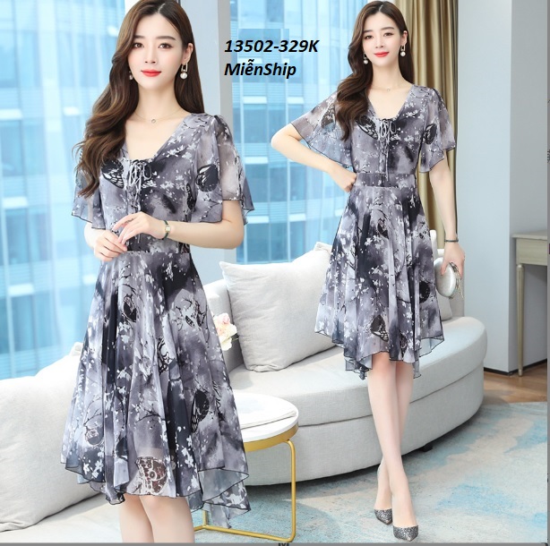 13502-Đầm voan  xòe tay  tiên cổ  thắt nơ  in  họa tiết( voan, lót thun)_thumbnail_1
