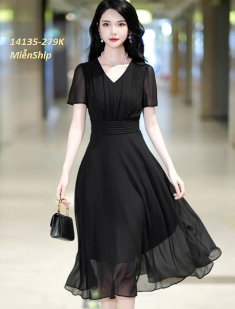 14135-Đầm xòe tay ngắn cổ  V eo gấp ly cách điệu (voan, lót thun)FREESHIP_thumbnail_0