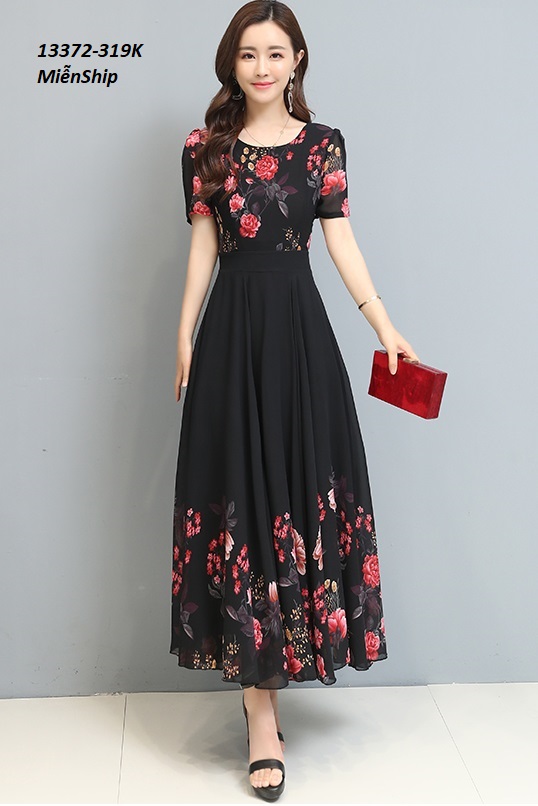 13372-Đầm maxi tay ngắn họa tiết hoa hồng  ( voan có lót )_thumbnail_3