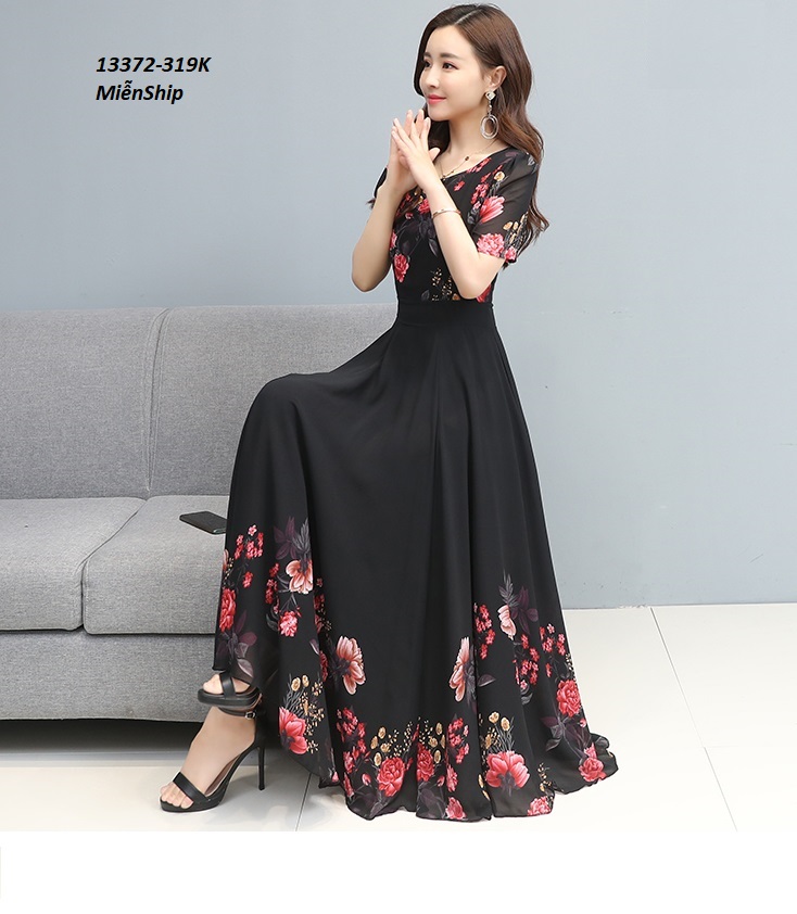 13372-Đầm maxi tay ngắn họa tiết hoa hồng  ( voan có lót )_thumbnail_1