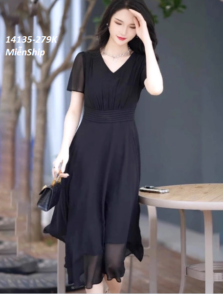 14135-Đầm xòe tay ngắn cổ  V eo gấp ly cách điệu (voan, lót thun)FREESHIP_thumbnail_3