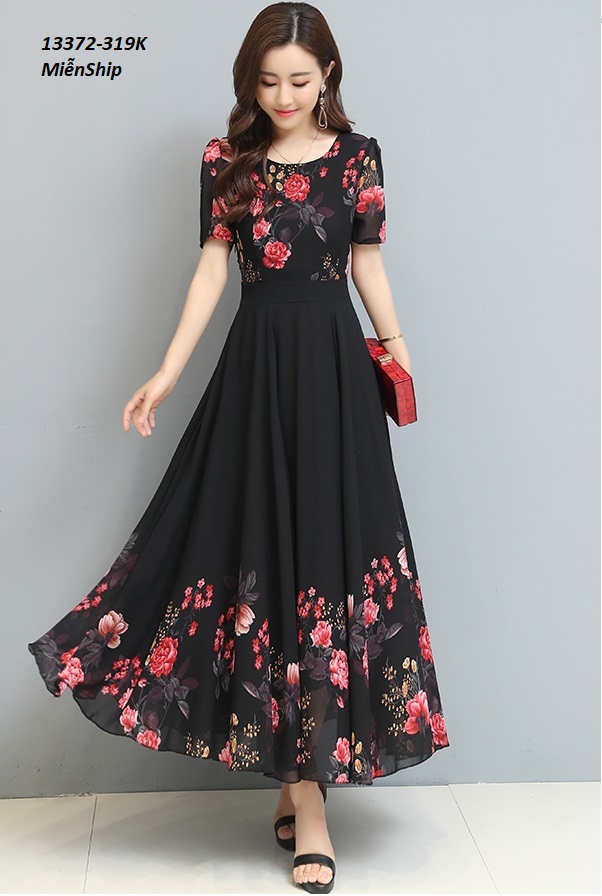 13372-Đầm maxi tay ngắn họa tiết hoa hồng  ( voan có lót )_thumbnail_0