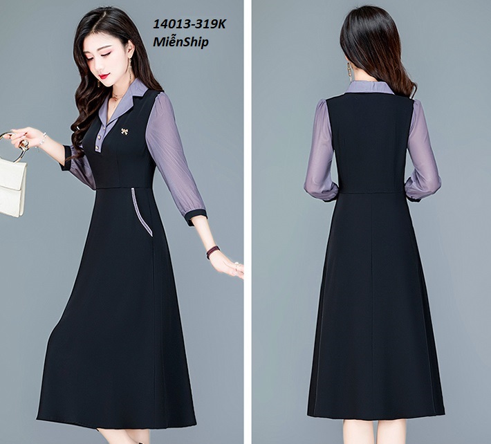 14013-Đầm xòe cổ bẻ kết nút phối tay voan lửng (thun mịn, voan )FREESHIP_thumbnail_4