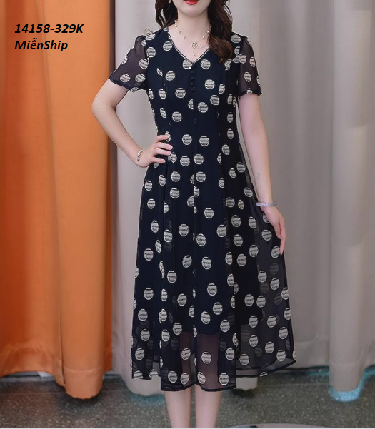 14158-Đầm voan xòe cổ tim tay ngắn họa tiết hình tròn (voan, lót)FREESHIP_thumbnail_0