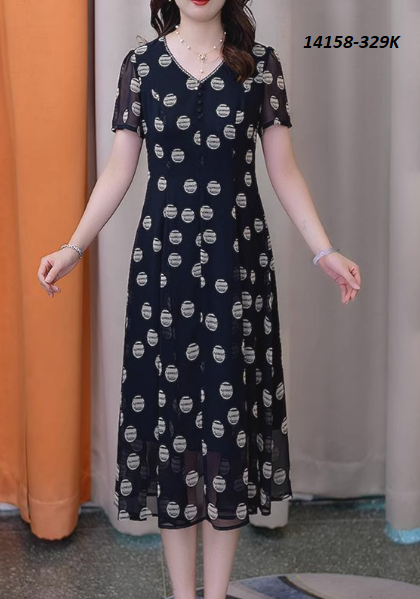 14158-Đầm voan xòe cổ tim tay ngắn họa tiết hình tròn (voan, lót)FREESHIP_thumbnail_2