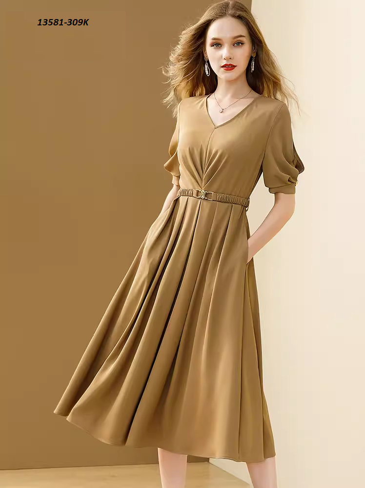 13581-Đầm xòe tay phồng cổ tim kèm nịt  (vải lụa )_thumbnail_0