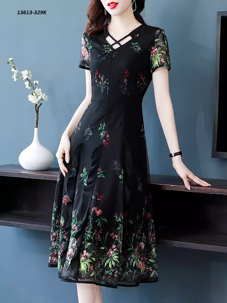 13613-Đầm voan in hoa cổ chéo dây cách điệu ( voan in, lót, khóa  hông)FREESHIP_thumbnail_0