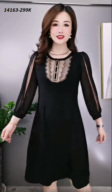 14163-Đầm chữ A phối tay voan 2 màu ngực phối ren( thun, voan, ren)FREESHIP_thumbnail_2