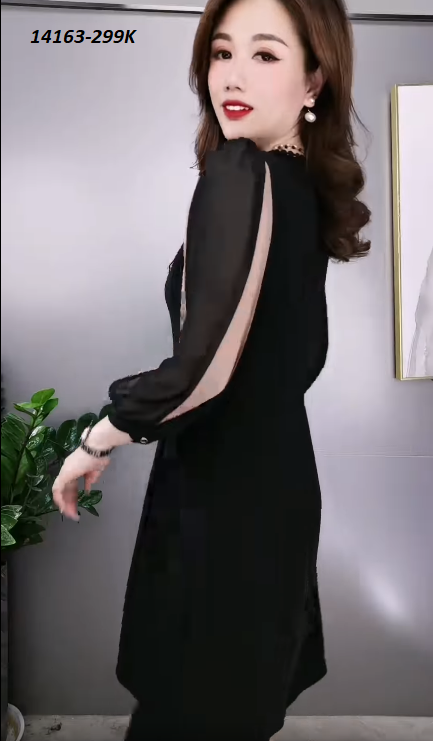 14163-Đầm chữ A phối tay voan 2 màu ngực phối ren( thun, voan, ren)FREESHIP_thumbnail_1